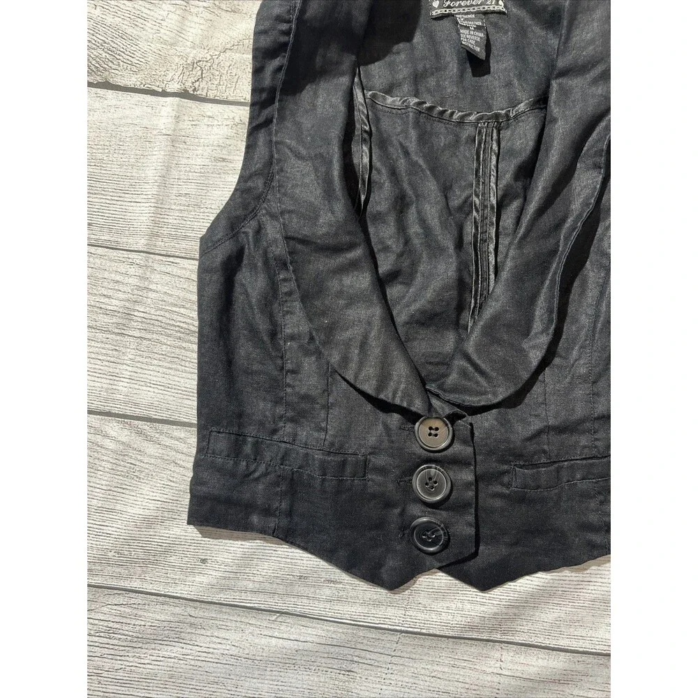 Vtg Forever 21 Y2K Deep V Vest Collared Crop Fitted Vest Black 100% Linen Sz M